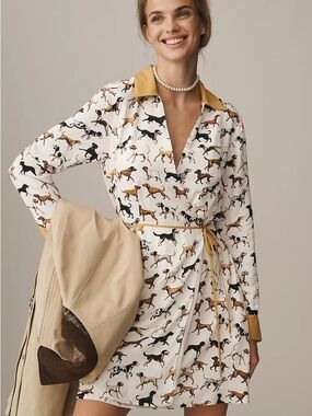 Anthropologie Maeve Long-Sleeve Printed Wrap Mini Shirt Dress Small Dog Print
